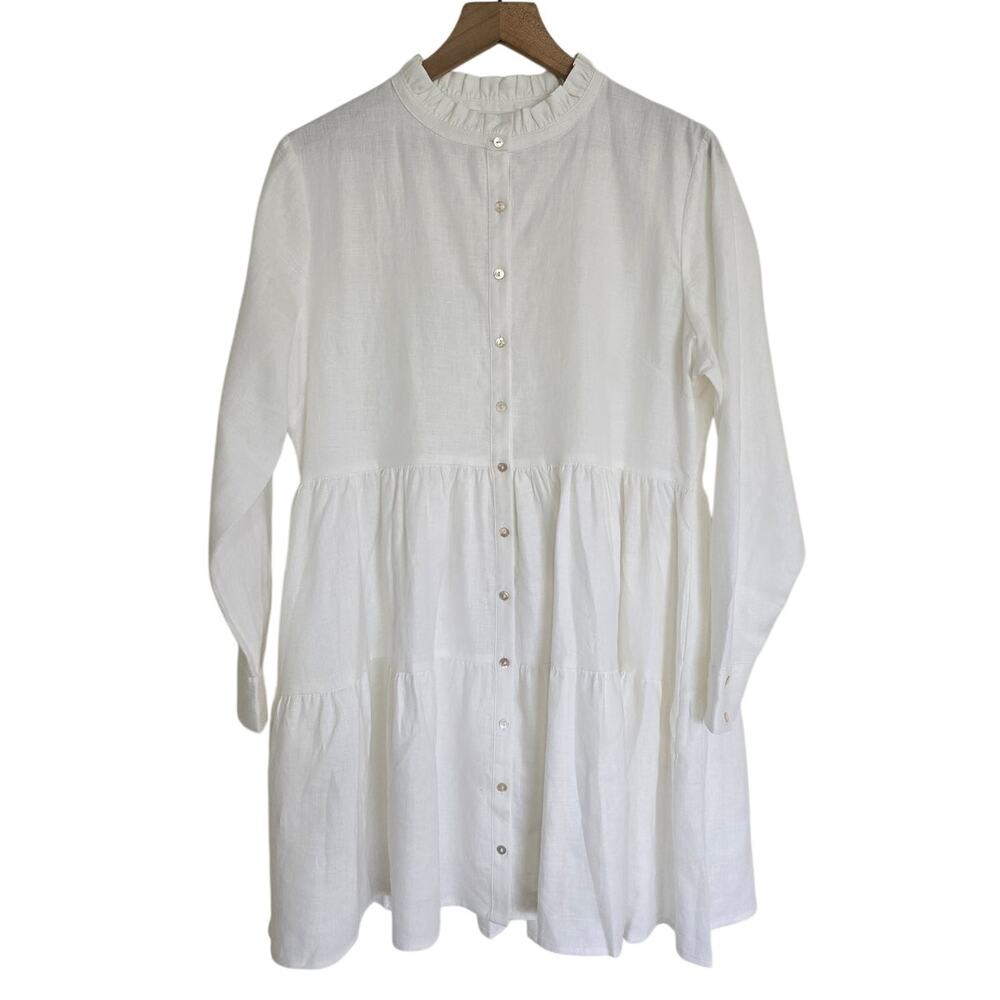 Alice Walk White Linen Tiered Mini Dress Band Collar Size L NWT